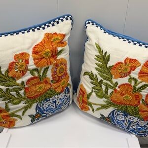 2 MACKENZIE-CHILD'S ROYAL CHECK MING POPPIES PILLOWS NEW